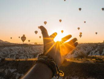 hot air balloons at sunrise